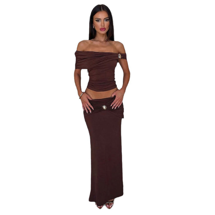 Damen Elegantes Offshoulder Maxikleid mit raffinierten Raffungseffekten Drune
