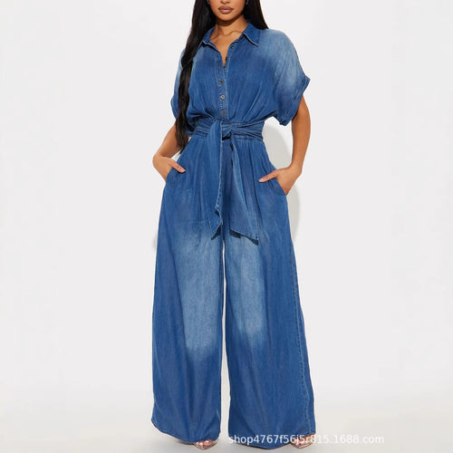 Damen lässiger Denim-Overall mit weitem Bein und praktischen Taschen Drune