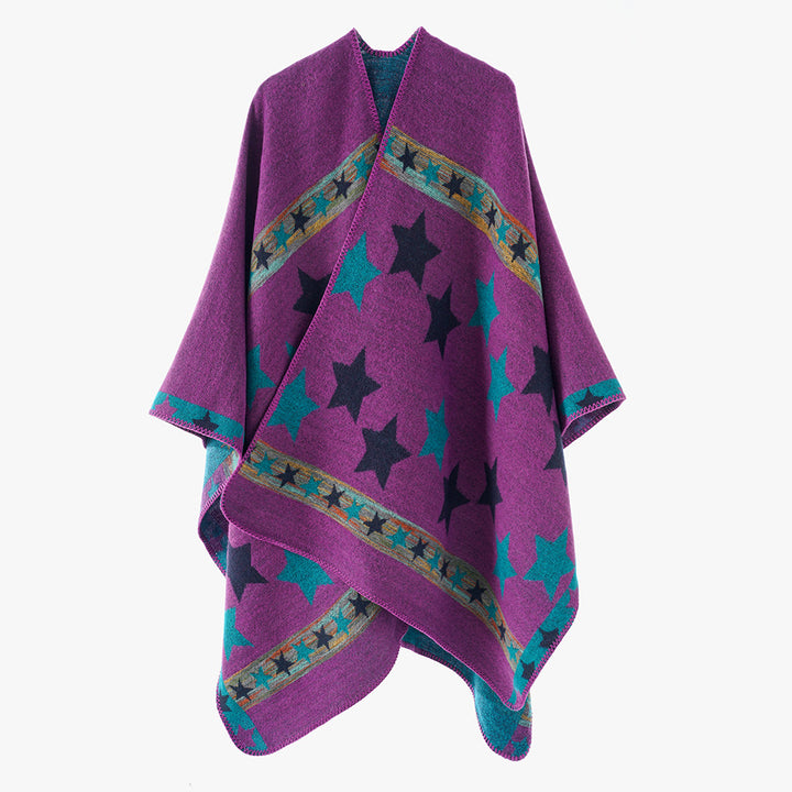 Damen Oversize-Capeponcho aus Wollmix mit zweilagigem Stern‑Jacquard und dekorativer Kettelnaht Drune