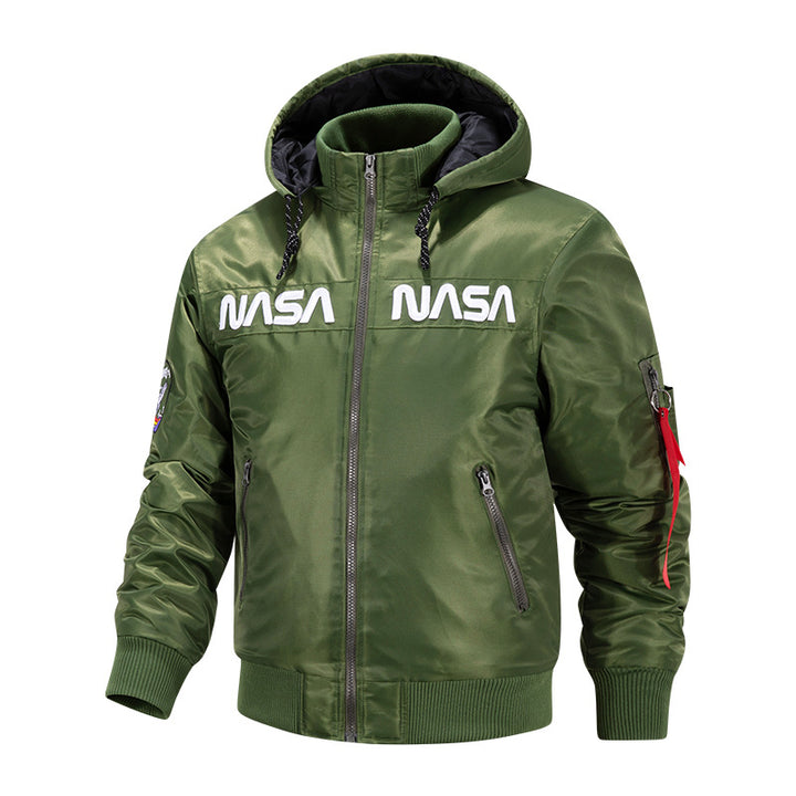 Herren  Kapuzen glänzende Mikroschalen Astronaut-inspirierte Bomberjacke mit gesteppter thermischer Fütterung und Ärmeltasche Drune