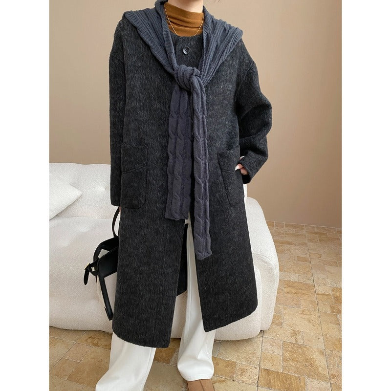Damen eleganter Wollmantel mit asymmetrischem Kragen und praktischen Taschen Drune
