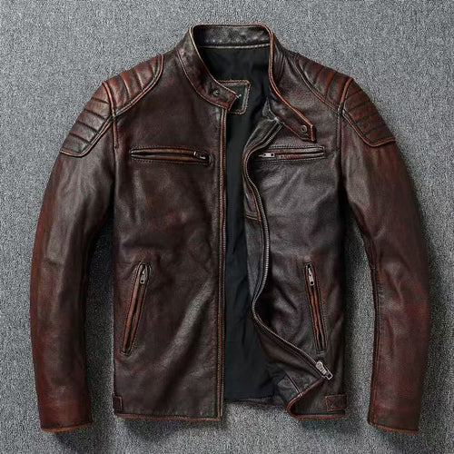 Herren Lederjacke im Vintage-Bikerstil mit Brusttaschen und Reißverschluss Drune