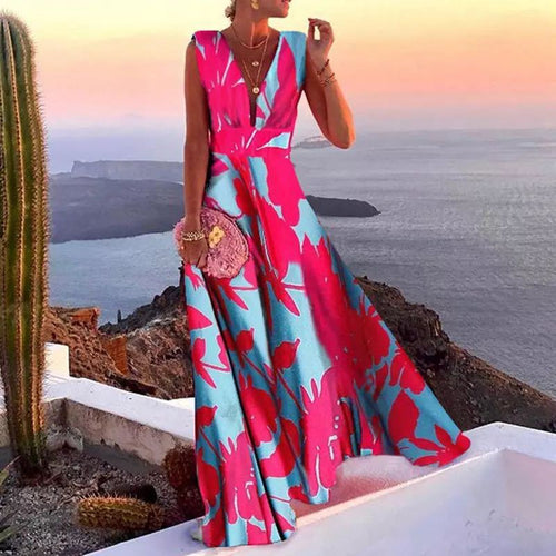 Damen Maxikleid mit elegantem V-Ausschnitt und floralen Mustern Drune