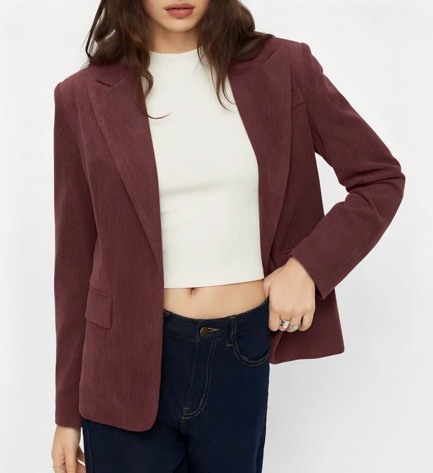 Damen Kord-Blazer mit schmaler Silhouette, schmalem Revers und Pattentaschen Drune