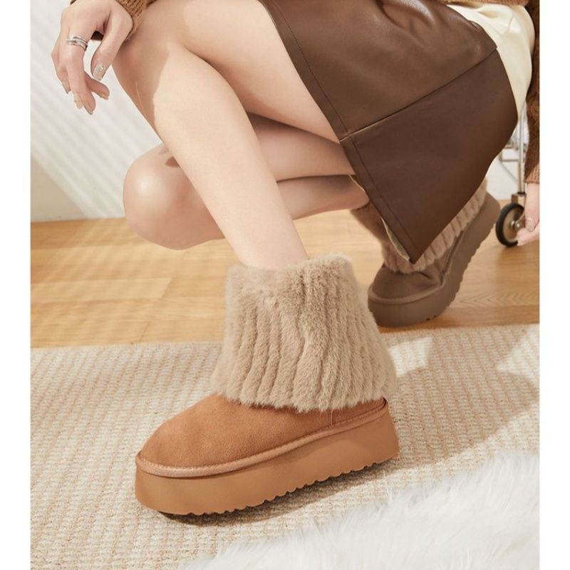 Damen Gefütterte Plateau-Ankle-Boots aus Veloursimitat mit umschlagbarem Kunstfellrand Drune