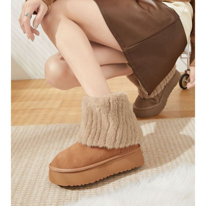 Damen Gefütterte Plateau-Ankle-Boots aus Veloursimitat mit umschlagbarem Kunstfellrand Drune