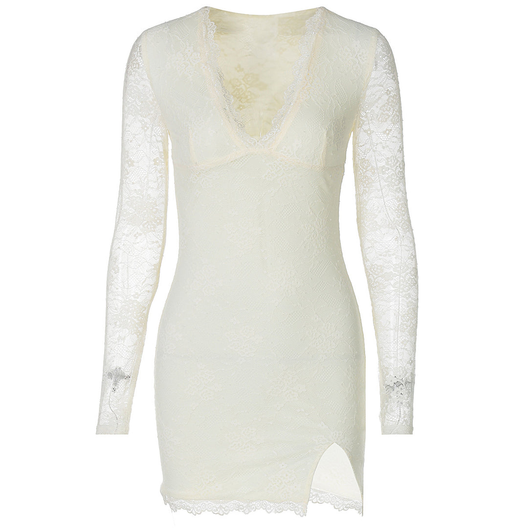 Damen Elegantes Spitzenkleid mit tiefem V-Ausschnitt und langen Ärmeln Drune