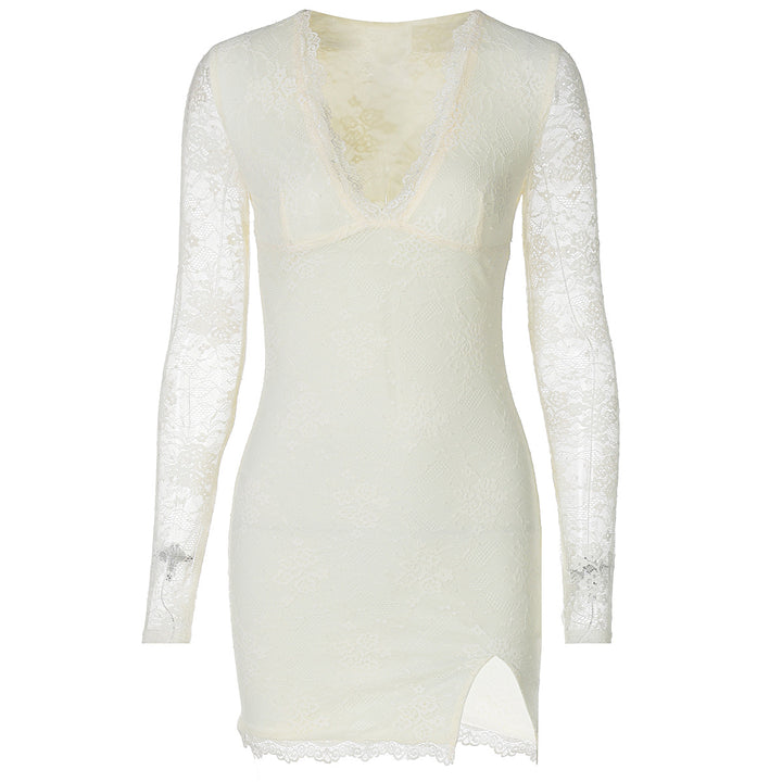 Damen Elegantes Spitzenkleid mit tiefem V-Ausschnitt und langen Ärmeln Drune