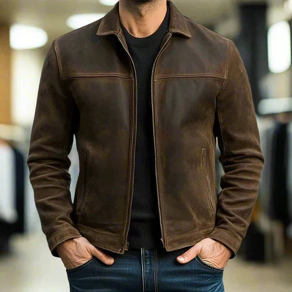 Herren Vintage Velourslederjacke mit schmaler Passform und Reißverschluss Drune