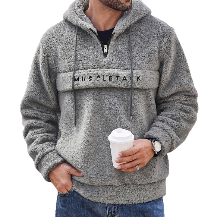 Herren Teddy-Fleece Kapuzenpullover mit halbem Reißverschluss, Kängurutasche und weichem Innenfutter Drune
