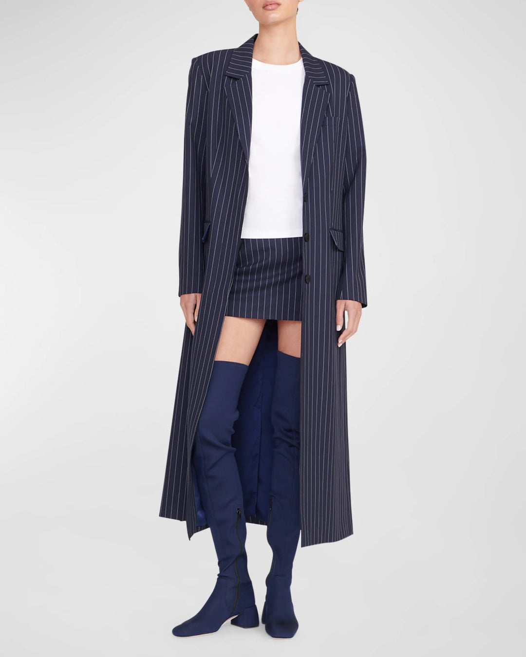 Damen Oversize Longline-Mantel im Nadelstreifen-Look mit Schlitz und Pattentaschen Drune