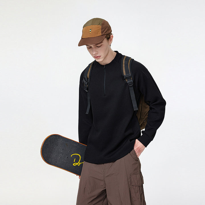 Herren Waffelstruktur-Halbzip-Pullover mit Stehkragen und Relaxed-Fit Drune