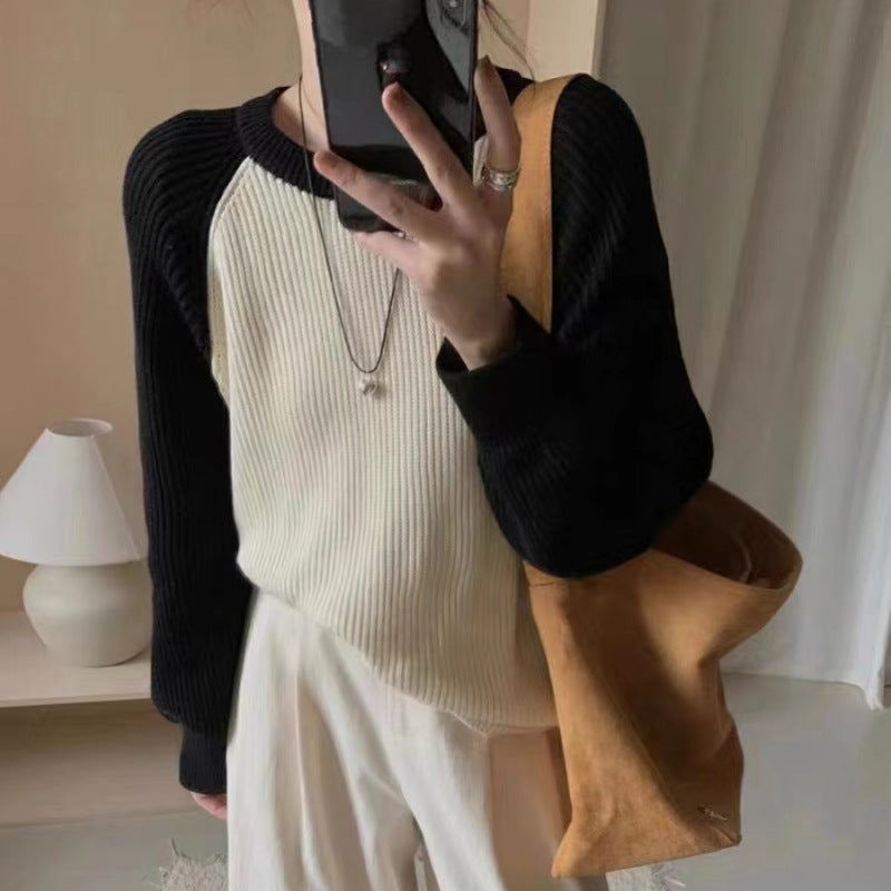 Damen lässiger Strickpullover mit modernem Rippenmuster und Raglanärmeln Drune