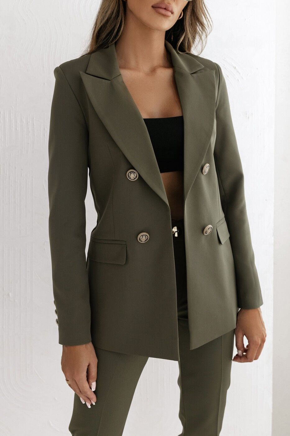 Damen eleganter Doppelreiher Blazer mit goldenen Knöpfen und taillierter Schnitt Drune