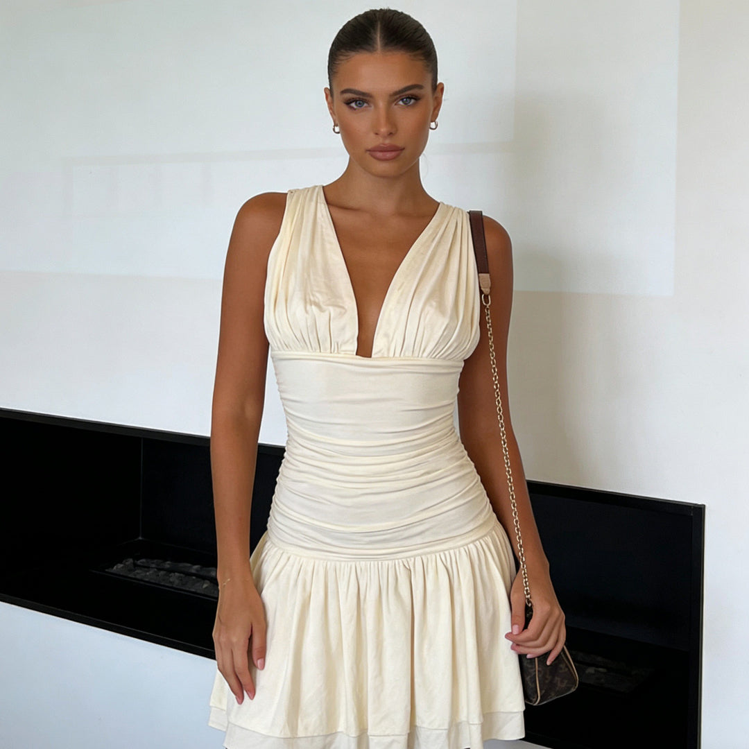 Damen Figurnahes Sommerkleid mit gerafftem Oberteil und voluminösem Rock Drune