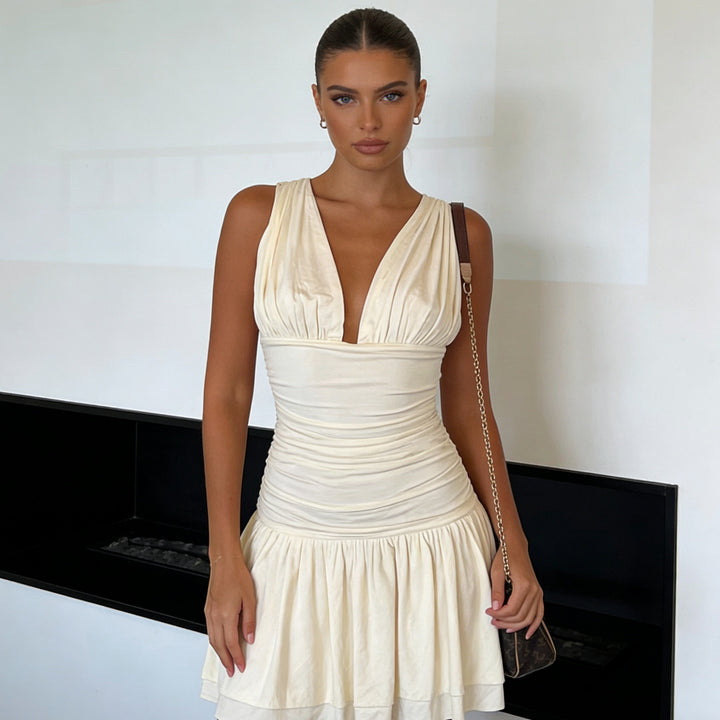 Damen Figurnahes Sommerkleid mit gerafftem Oberteil und voluminösem Rock Drune