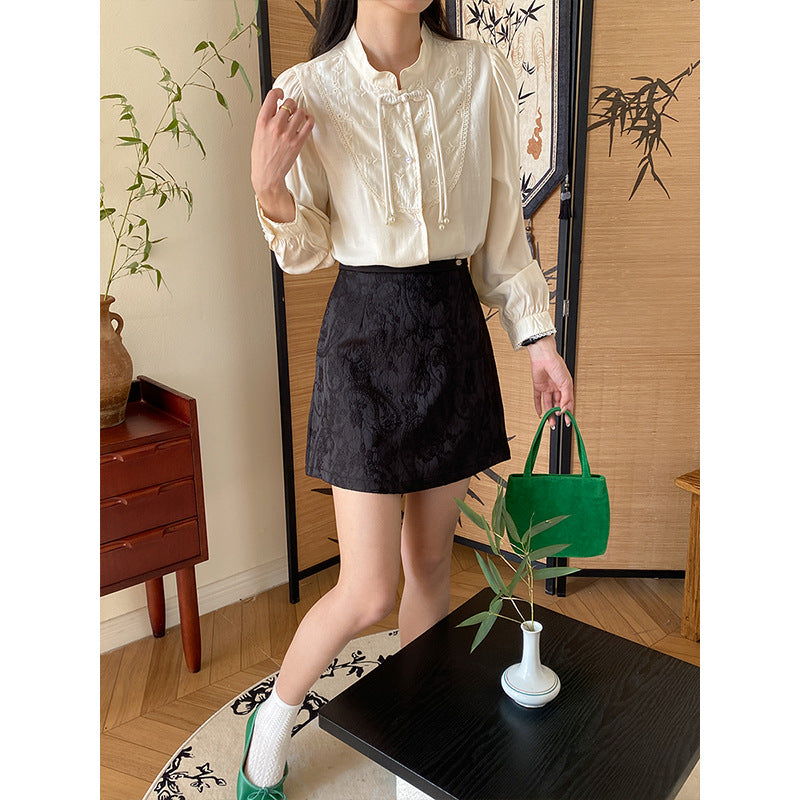 Damen elegante Bluse mit Rüschen und Perlen Drune