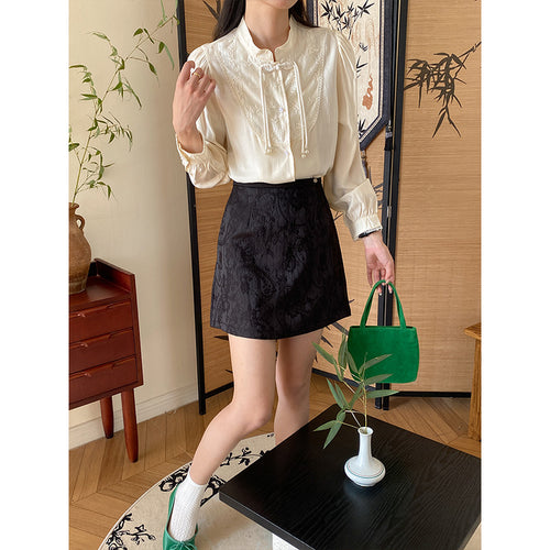 Damen elegante Bluse mit Rüschen und Perlen Drune