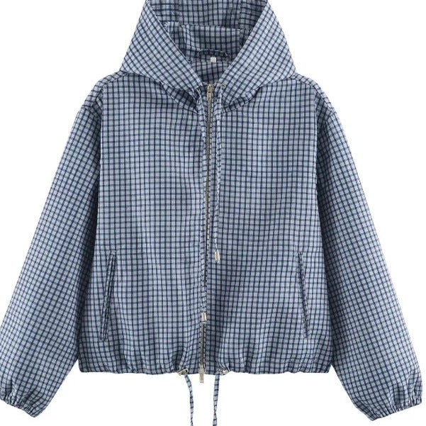 Damen Karierte Cropped Kapuzenjacke mit Tunnelzugsaum und Zwei‑Wege‑Reißverschluss Drune