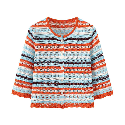 Damen Häkel-Cardigan mit Lochmuster, gestreifter Struktur und Dreiviertelärmeln Drune