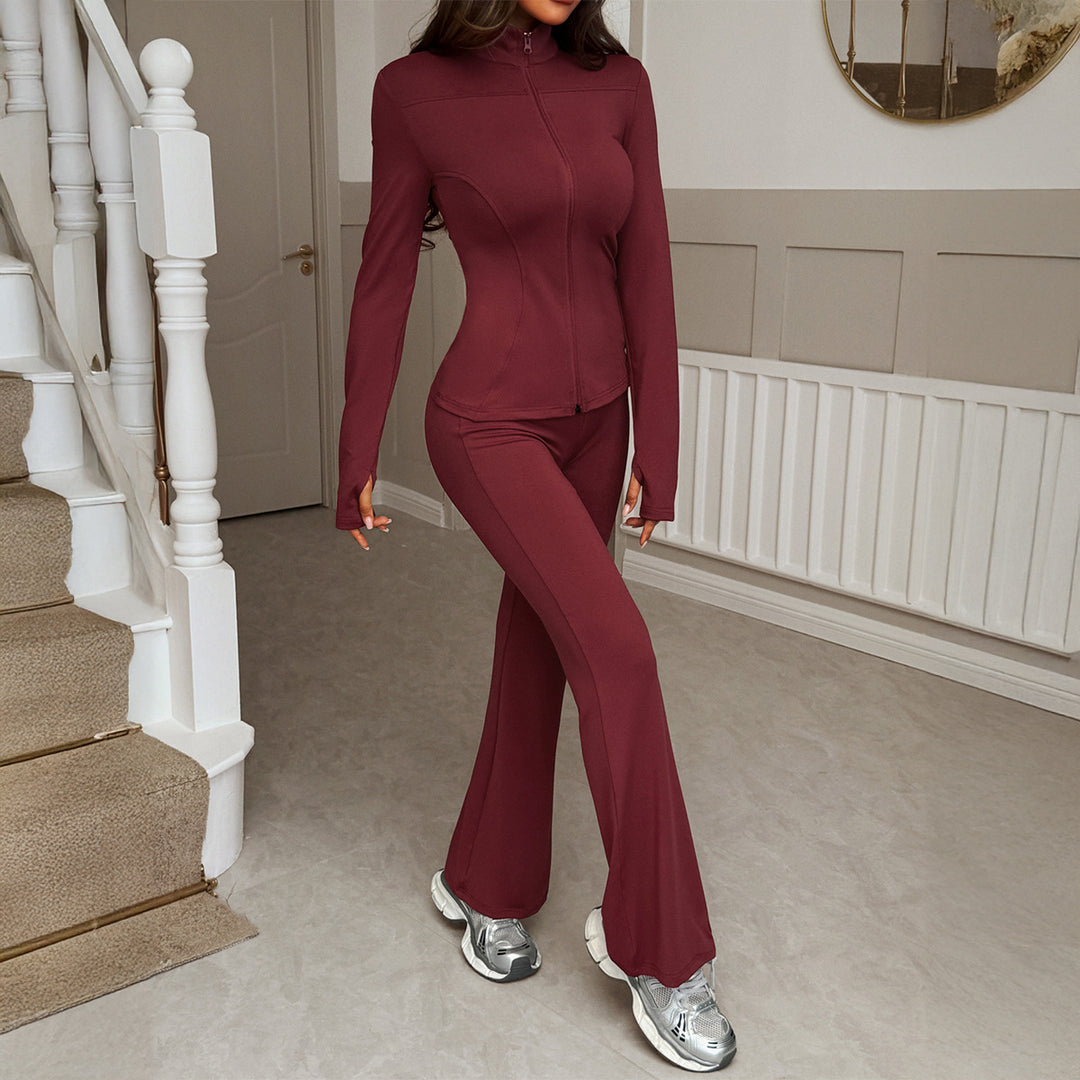 Damen nan figurbetontes Stretch-Joggingset mit taillierter Reißverschluss-Jacke und ausgestellter Schlaghose Drune