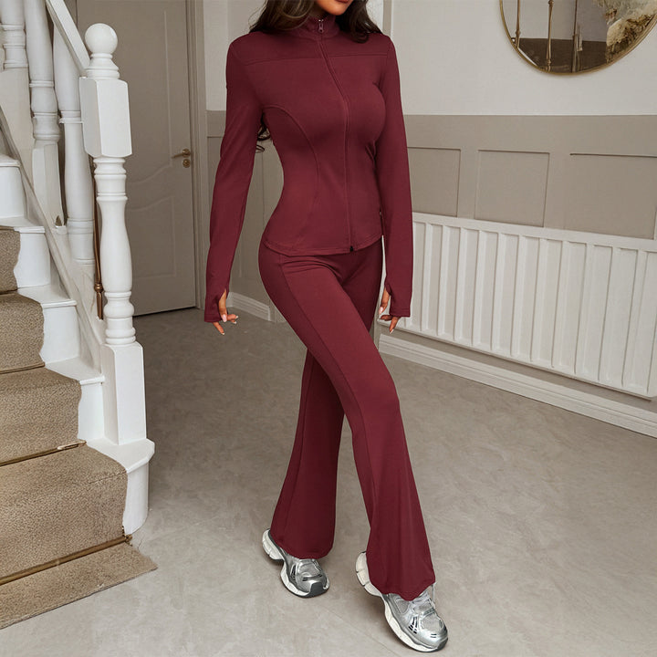 Damen nan figurbetontes Stretch-Joggingset mit taillierter Reißverschluss-Jacke und ausgestellter Schlaghose Drune