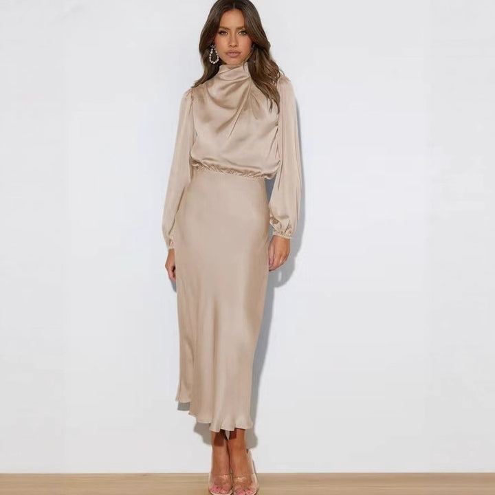 Damen Elegantes Satin-Midikleid mit Stehkragen, Blouson-Oberteil und fließendem Rock Drune