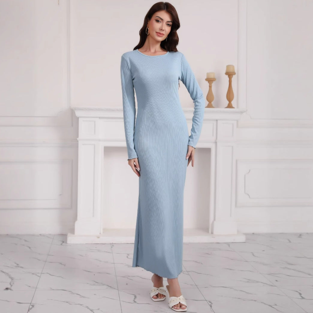 Damen Langes geripptes Bodycon-Maxikleid mit Rundhals & langen Ärmeln Drune