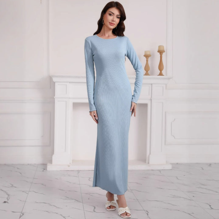 Damen Langes geripptes Bodycon-Maxikleid mit Rundhals & langen Ärmeln Drune