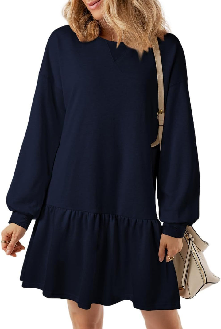 Damen Lässiges Sweatkleid mit V-Ausschnitt und Rüschensaum Drune