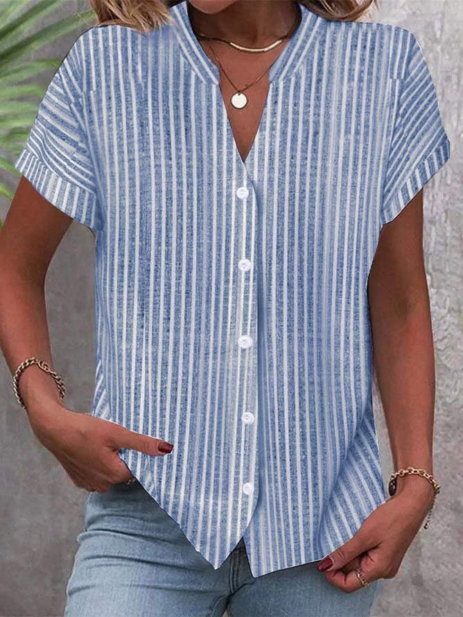 Damen Kurzarm-Bluse mit V-Ausschnitt und Streifenmuster Drune