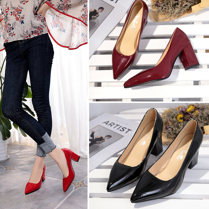Damen Lack-Pumps mit spitzer Zehenpartie, mittelhohem Blockabsatz und gepolstertem Fußbett Drune