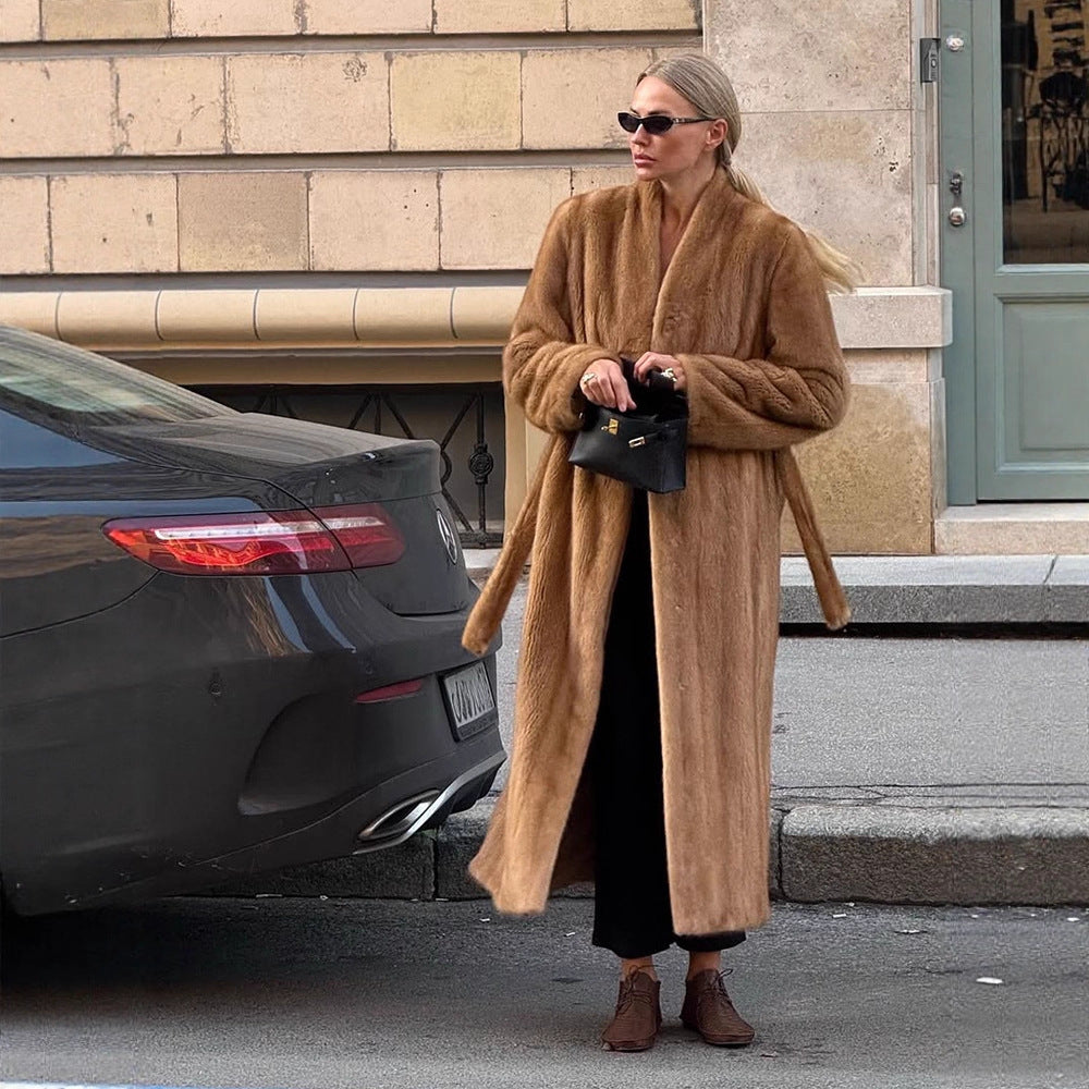 Damen Luxuriöser langer Pelzmantel mit Schalkragen und kaschierendem Oversize-Schnitt Drune