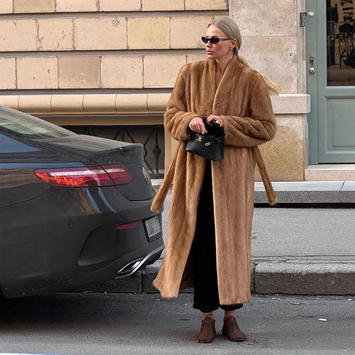 Damen Luxuriöser langer Pelzmantel mit Schalkragen und kaschierendem Oversize-Schnitt Drune