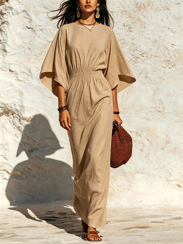 Damen Maxikleid mit Fledermausärmeln und geraffter Smock-Taillierung Drune