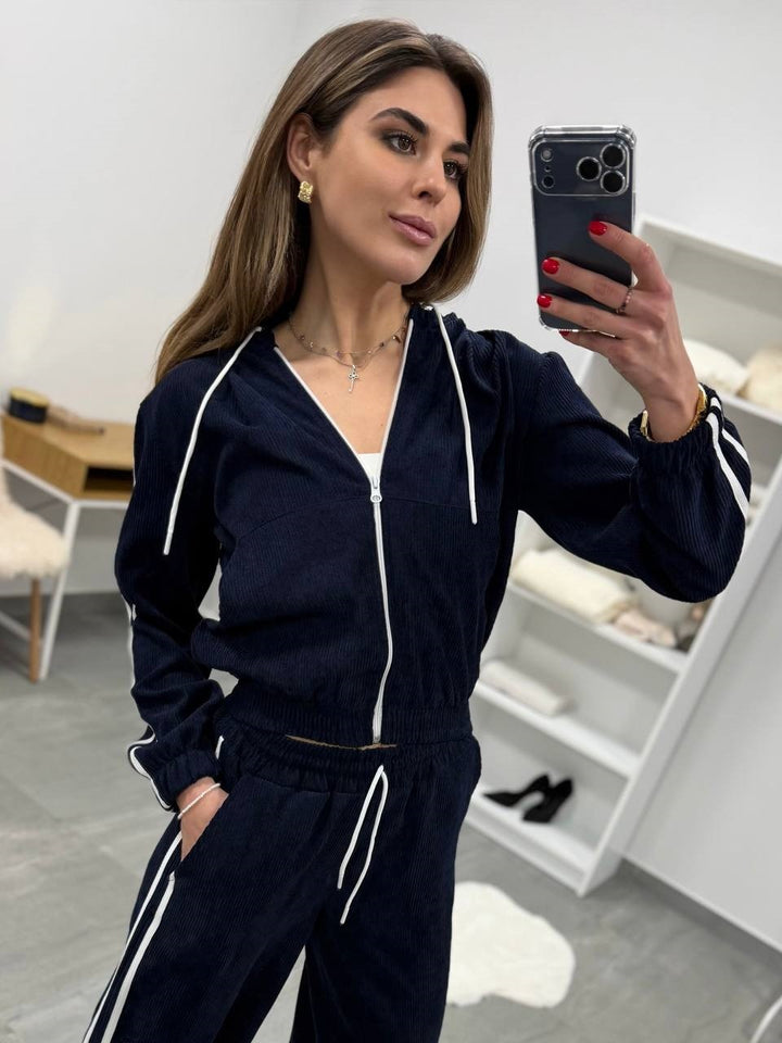 Damen Cord-Jogginganzug mit Kapuze, seitlichen Kontraststreifen, Tunnelzug und elastischen Saumbündchen Drune