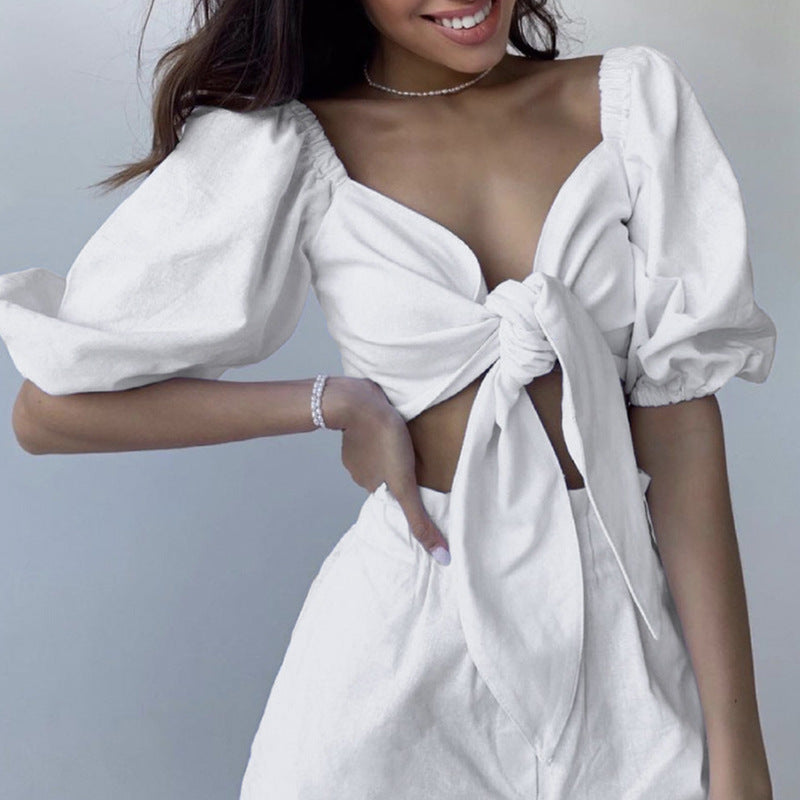 Damen Stylisches Zweiteiliges Set mit puffärmeln und Krawatte Drune