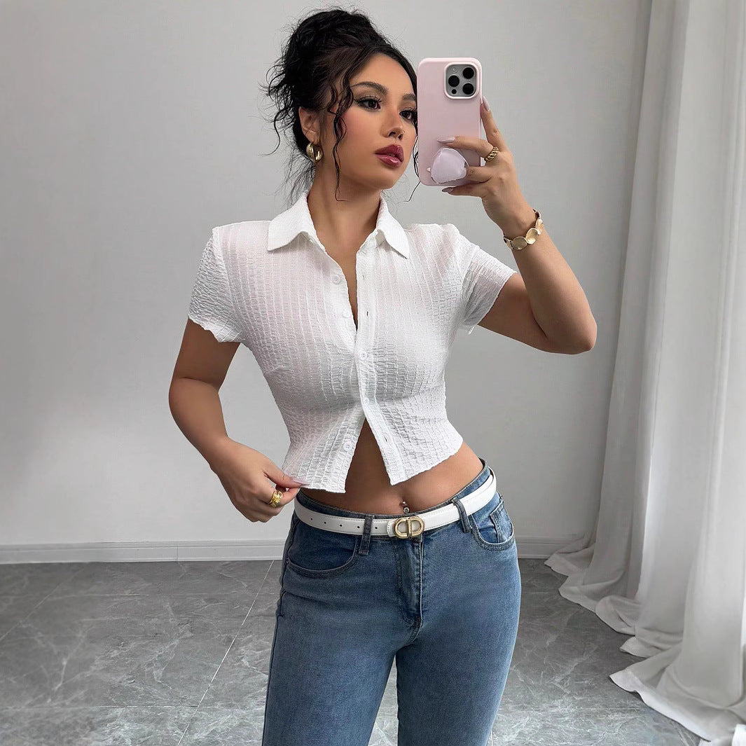 Damen nan taillierte bauchfreie Kurzbluse mit Kreppstruktur Hemdkragen und Knopfleiste Drune