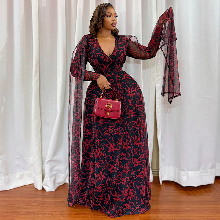 Damen Maxikleid mit floralem Transparentdesign und eleganten Ärmeln Drune