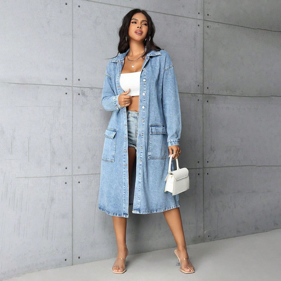 Damen Jeansjacke im長 Belichtungs-Vintage-Stil mit praktischen Taschen und Knopfleiste Drune