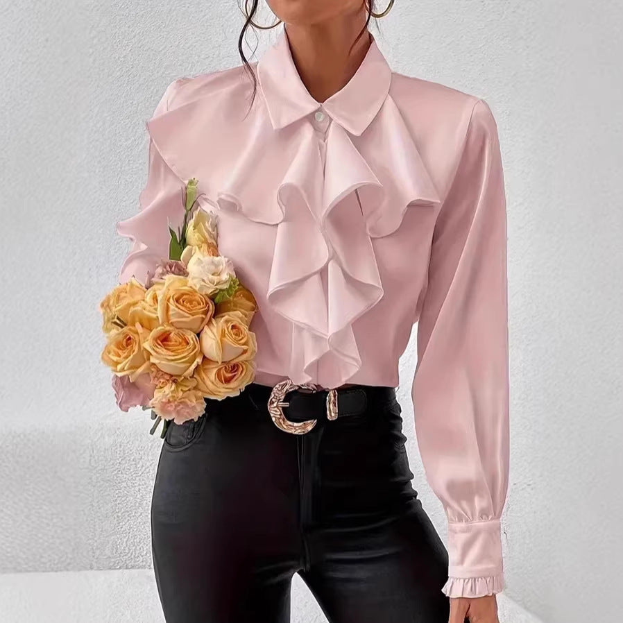 Damen Elegante Rüschenbluse mit Volants, Hemdkragen und Manschetten Drune