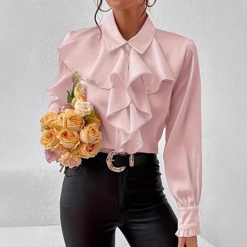 Damen Elegante Rüschenbluse mit Volants, Hemdkragen und Manschetten Drune