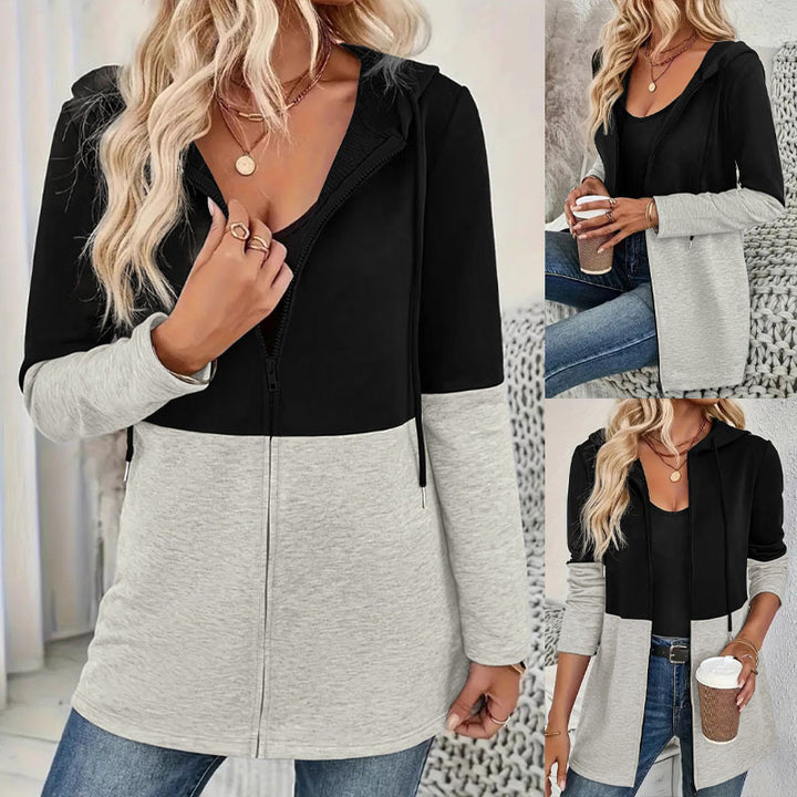 Damen Longline Kapuzen‑Sweatjacke mit Farbblock, Reißverschluss und Eingrifftaschen Drune