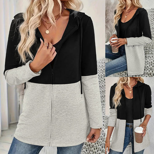 Damen Longline Kapuzen‑Sweatjacke mit Farbblock, Reißverschluss und Eingrifftaschen Drune