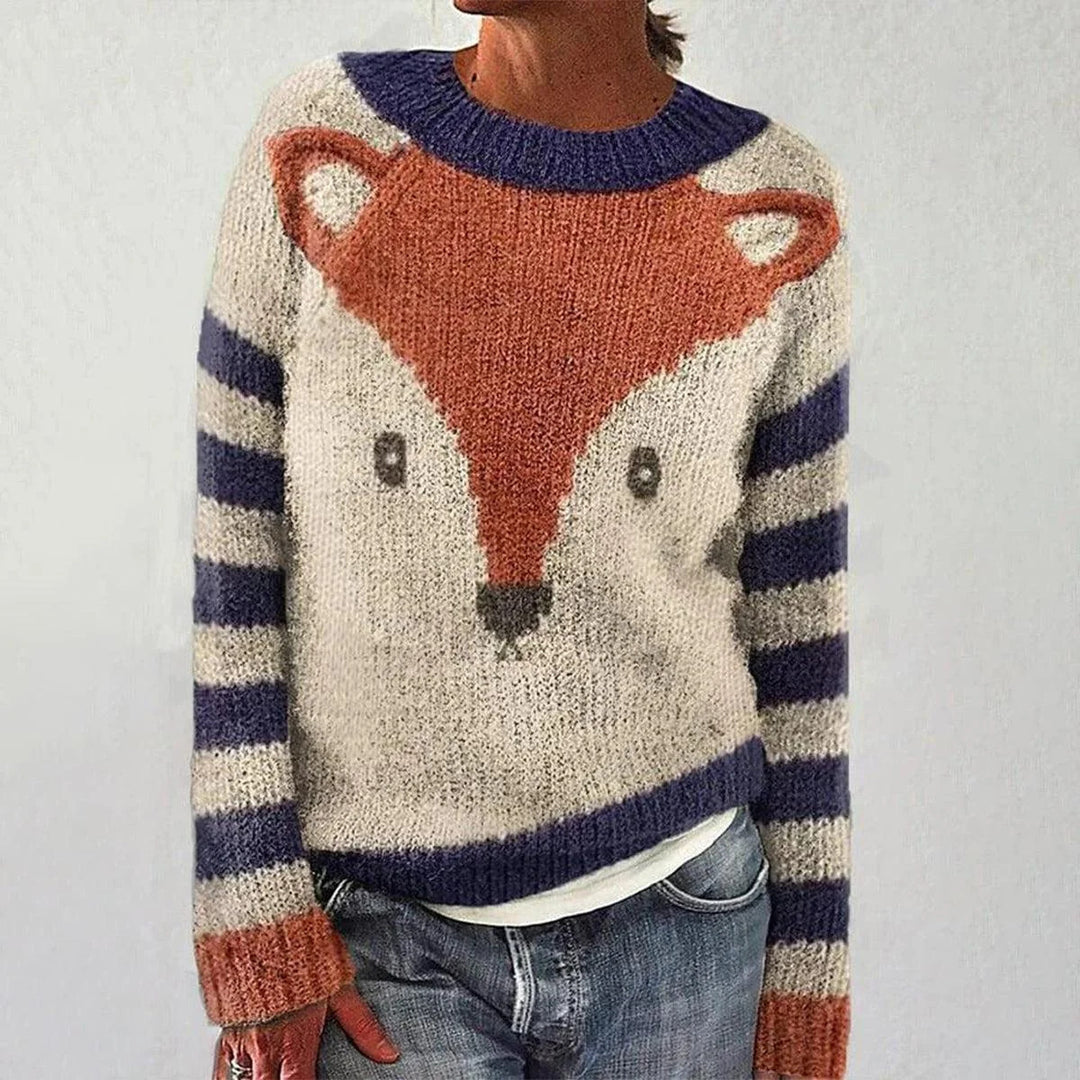 Damen Kuscheliger Pullover mit Fuchs-Motiv und gestreiften Ärmeln Drune