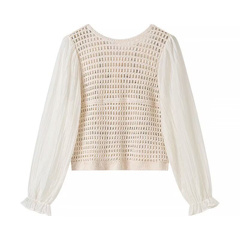 Damen Bestickter Häkelstrick-Cardigan mit transparenten Plissee-Ärmeln Drune