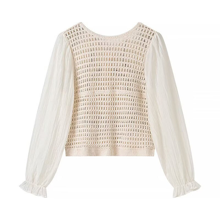 Damen Bestickter Häkelstrick-Cardigan mit transparenten Plissee-Ärmeln Drune