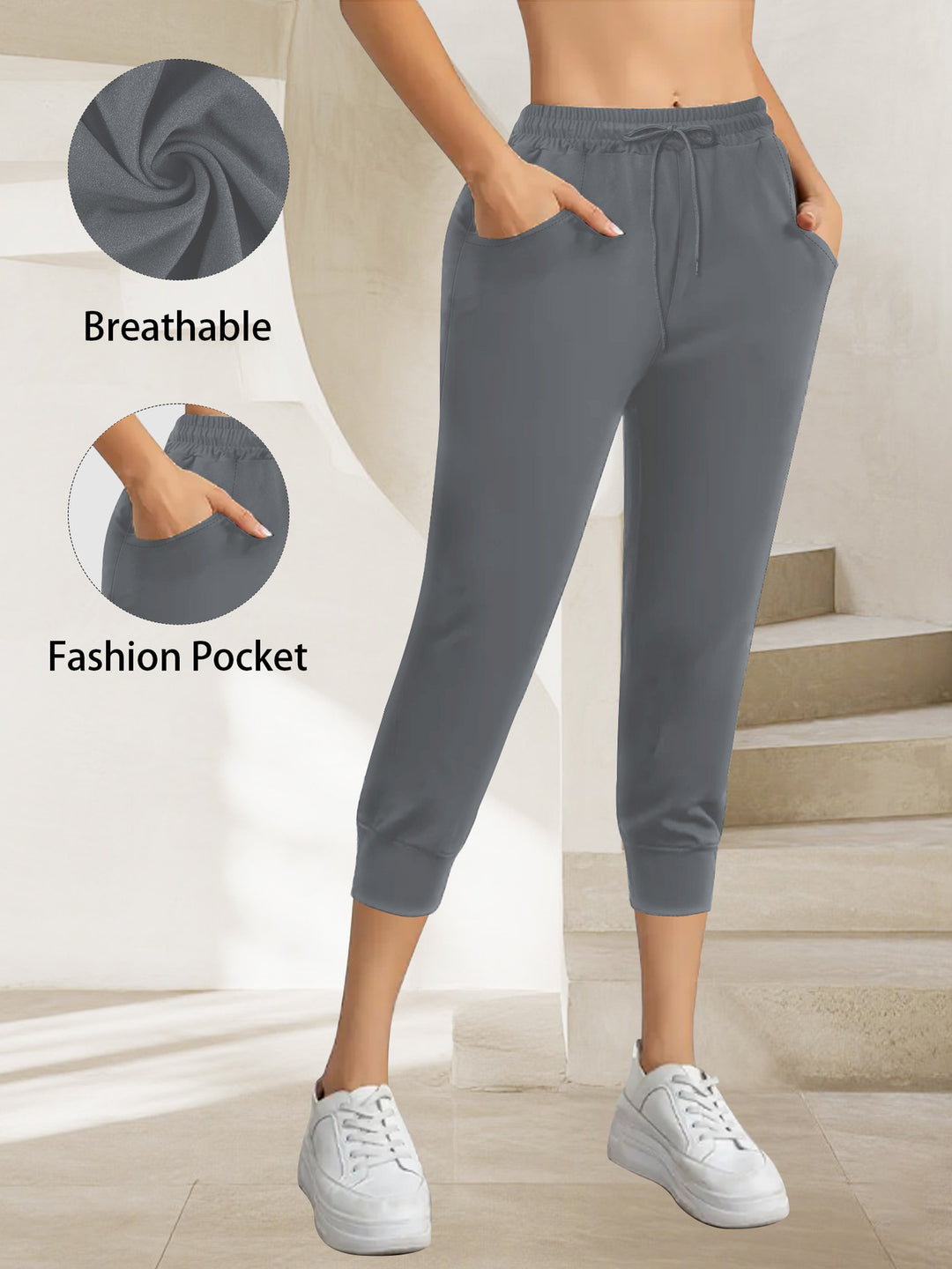 Damen Atmungsaktive Ankle-Joggerhose mit Kordelzug und Eingrifftaschen Drune