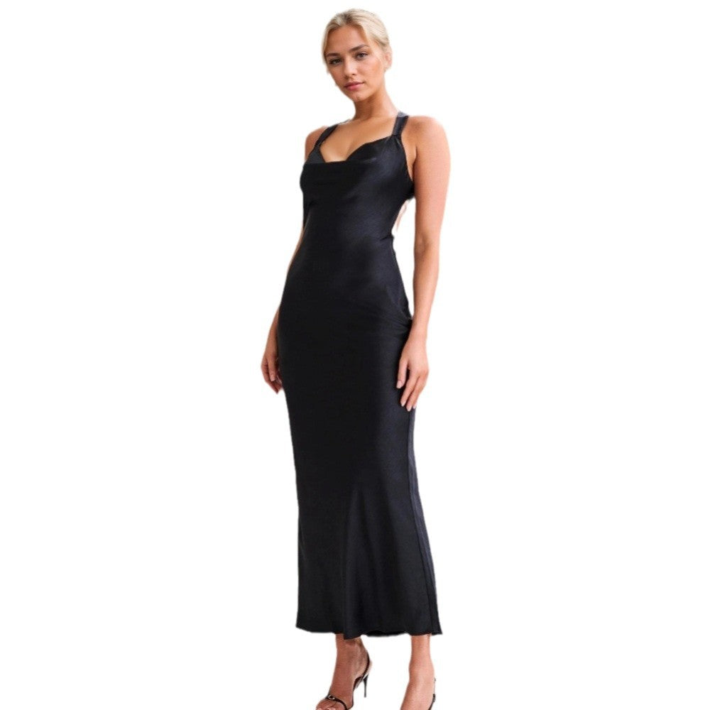 Damen elegantes langes Abendkleid mit tiefem Ausschnitt und schmalen Trägern Drune