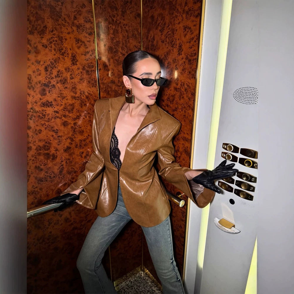 Damen Figurbetonter Lederimitat-Blazer mit Stehkragen & verlängerten Manschetten Drune